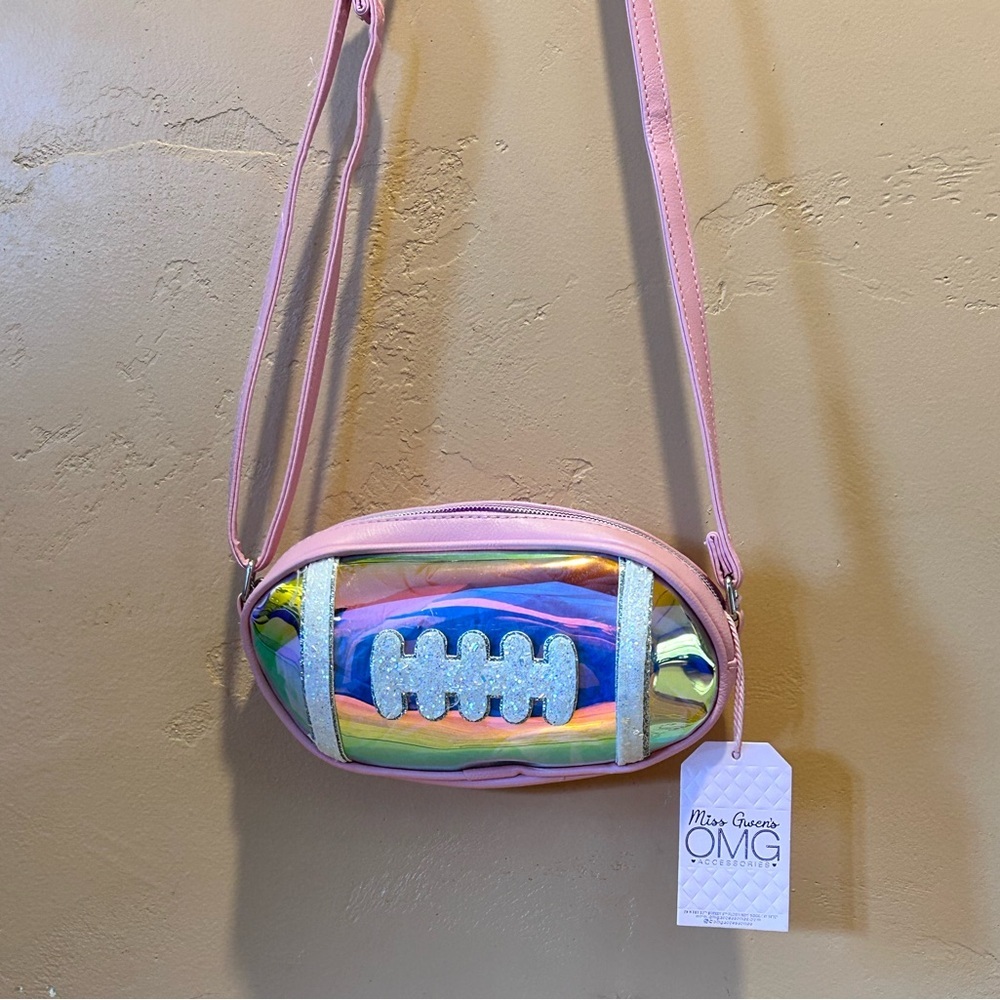 MISS GWENS OMG ACCESSORIES BUBBLE GUM PINK IRIDESCENT FOOTBALL CROSSBODY NWTS - Picture 7 of 10